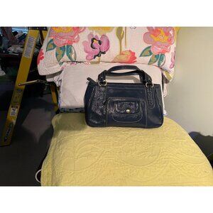 Perlina New York Navy Blue Faux Leather Shoulder Bag With Leopard Print Lining &